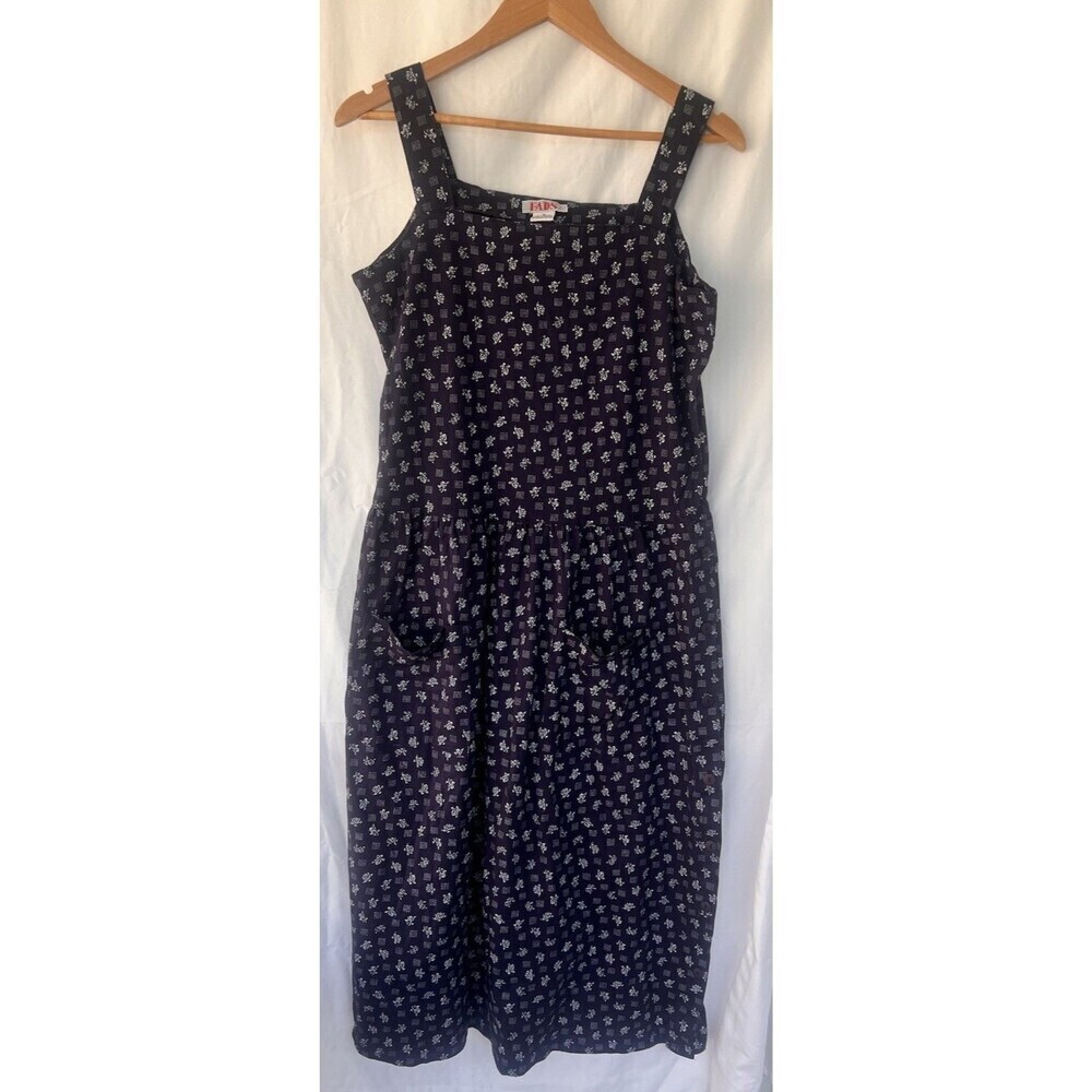 Vintage FADS Navy Blue Floral Midi Dress Women’s Size M Pockets Cottage Prairie